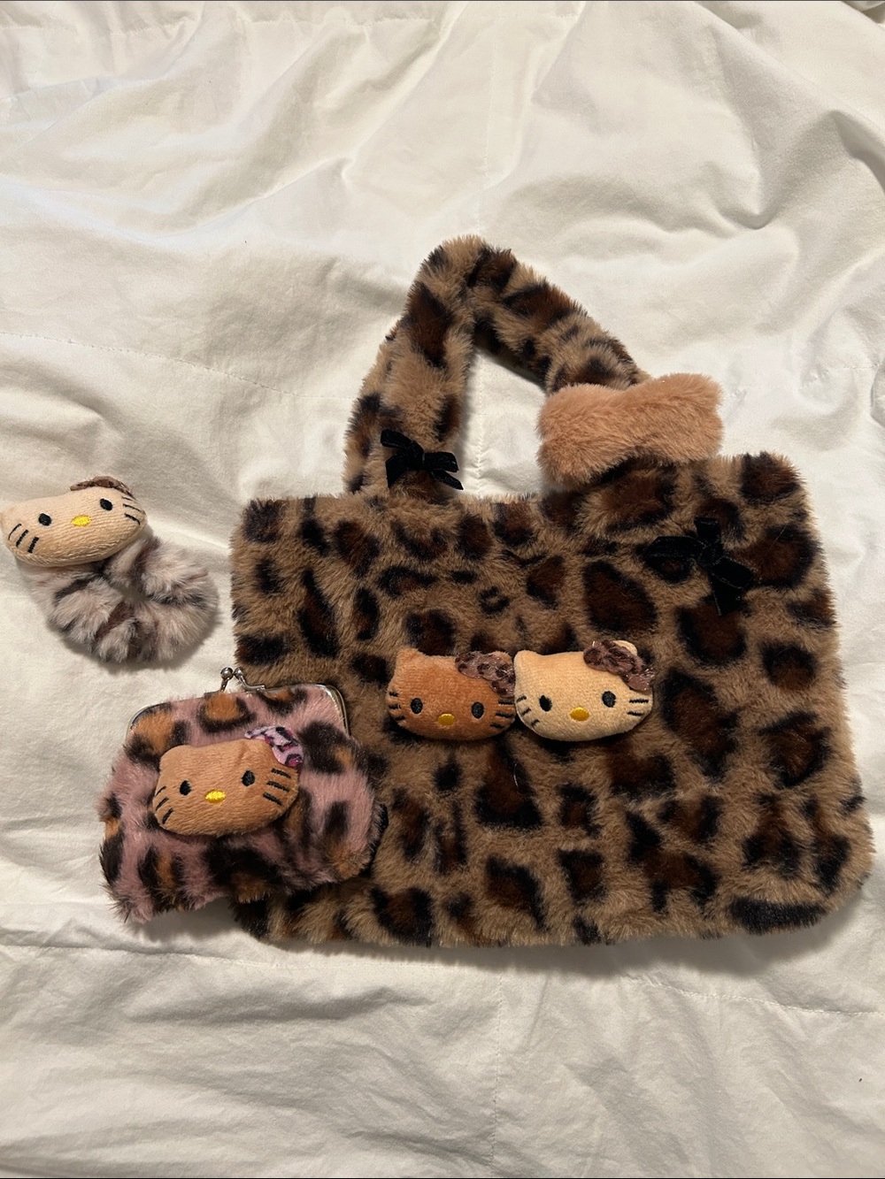 Leopard Print Plush Tote with Kitty Face Accents